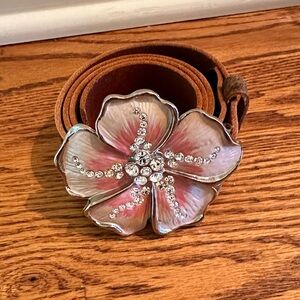 5 Pedal Pink Flower With Little Studs Belt Buckle Genuine Leather Belt | Size 30
